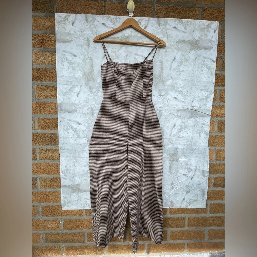 Reformation Overland Linen Jumpsuit In Tartine Check (Brown/Tan Checkered) sz2